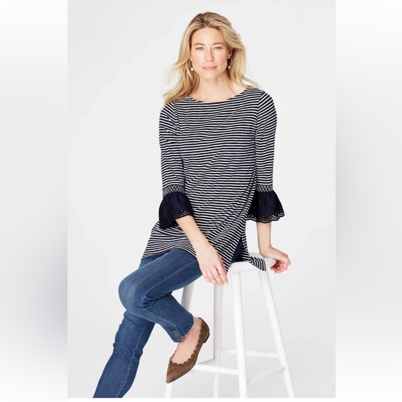 J.Jill Stylish Mixed-Media Smocked-Sleeve Tunic navy and white size large women - Picture 5 of 14